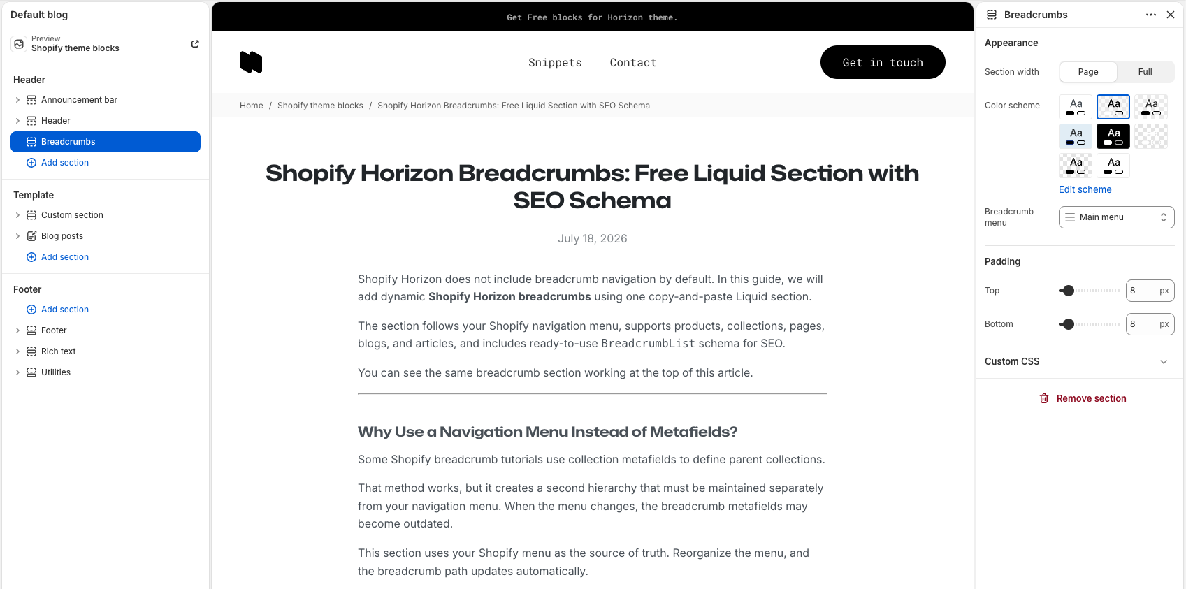 Shopify Horizon Breadcrumbs